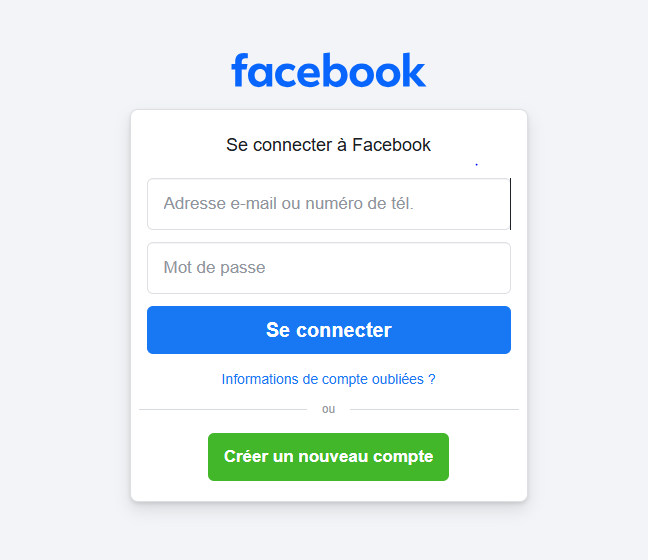 Capture d'écran de la page de connexion Facebook