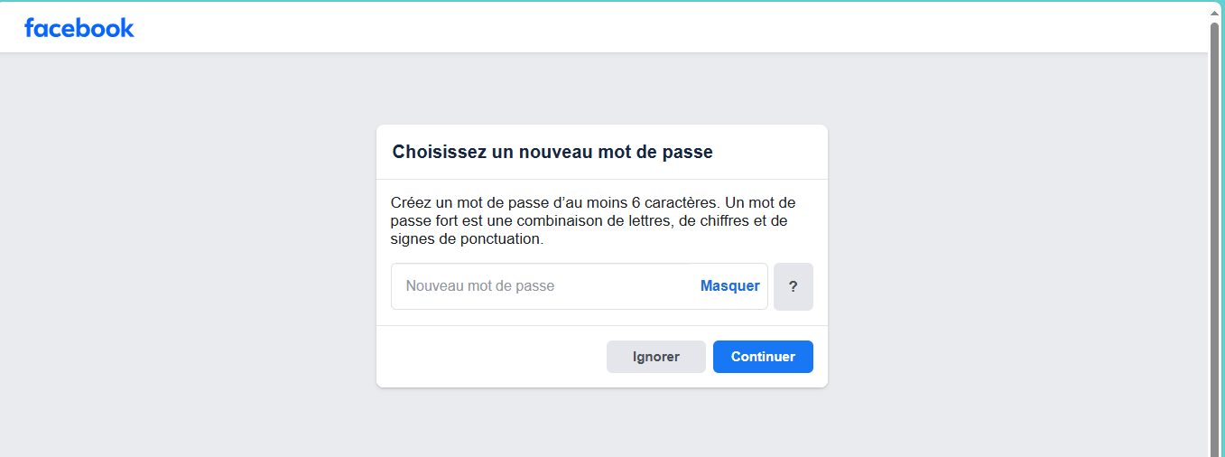 Capture d'écran de la création d'un nouveau mot de passe