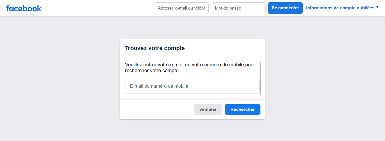 Capture d'écran du champ de recherche de compte